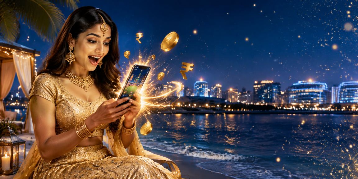 Indian woman enjoying cricket betting on mobile